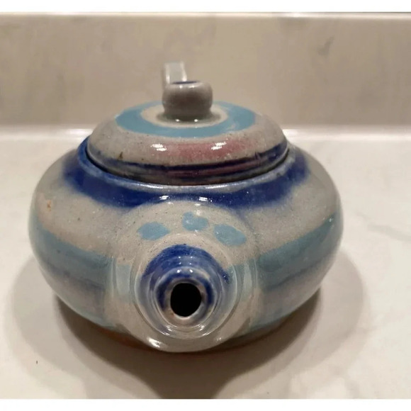 Small Teapot Blue Glazed Pottery 3.75" H  X 4.75" W X 7.5" L - Picture 4 of 8